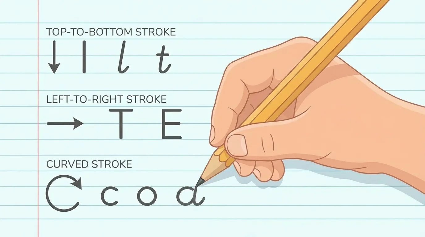 child hand holding pencil correctly with examples of top-to-bottom stroke, left-to-right stroke, and curved stroke