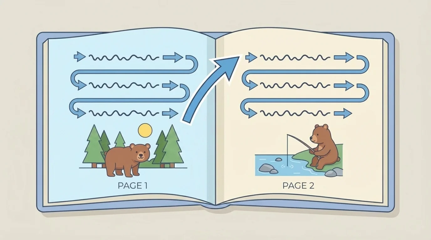Open picture book with page numbers and arrow showing page turning from one page to the next in order