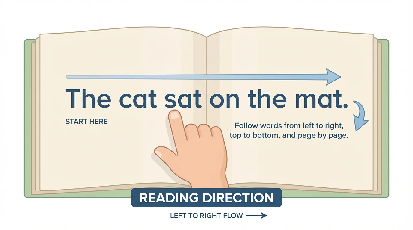 Child finger tracking a short sentence from left side of page to right side with arrow above the words