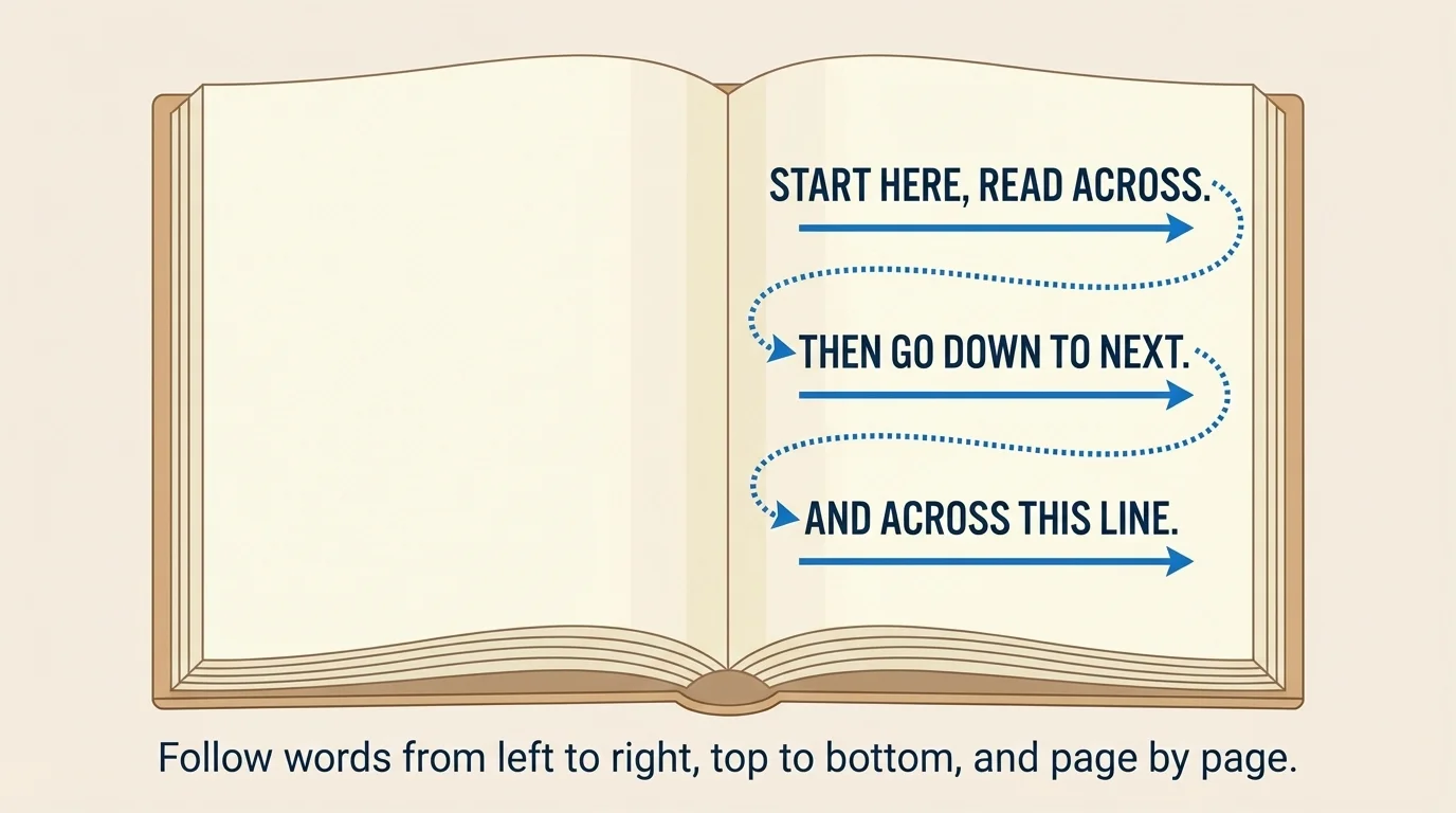 Simple book page with three short lines, arrows showing reading across a line and then down to the next line