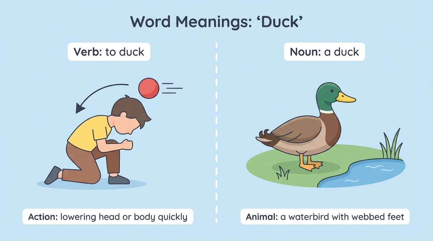 child lowering head quickly under a ball while a duck bird stands nearby in a split-scene comparison