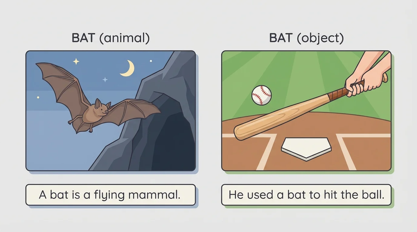 simple story page showing a bat animal in one picture and a baseball bat in another with short sentence strips