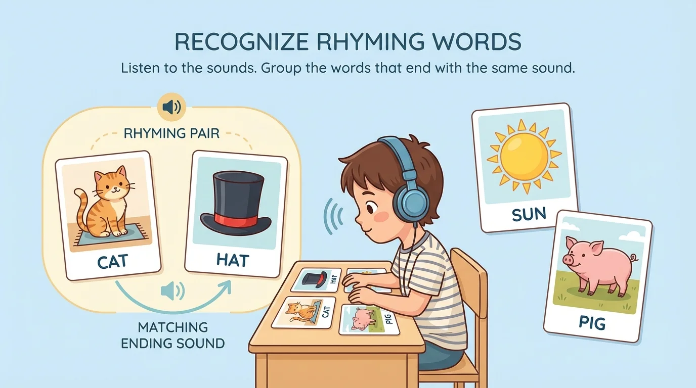 child listening to picture cards for cat, hat, sun, and pig, with cat and hat grouped together by matching ending sound