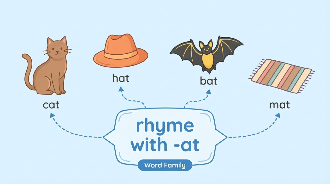 simple picture word family for -at showing cat, hat, bat, and mat as separate objects connected by the same ending sound