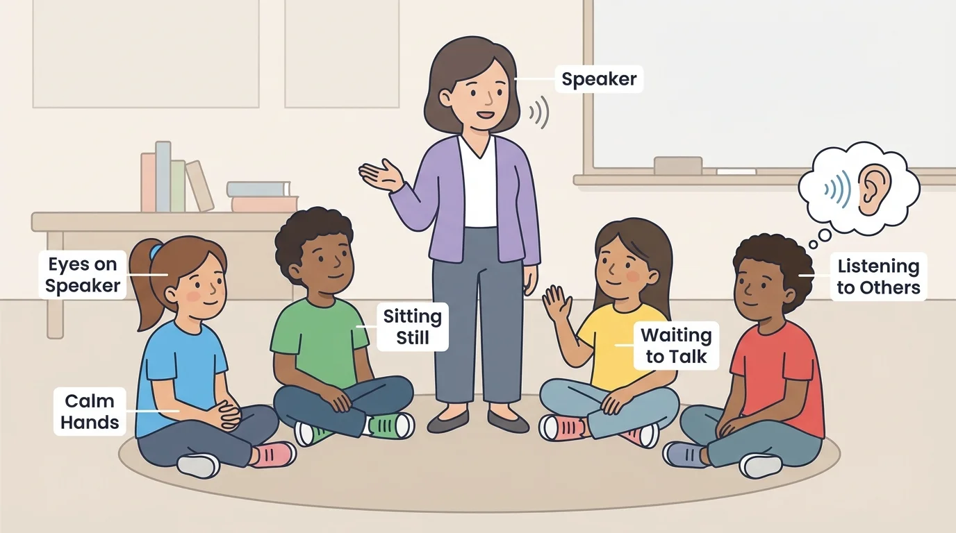 Children showing listening with eyes on speaker, calm hands, sitting still, and waiting to talk
