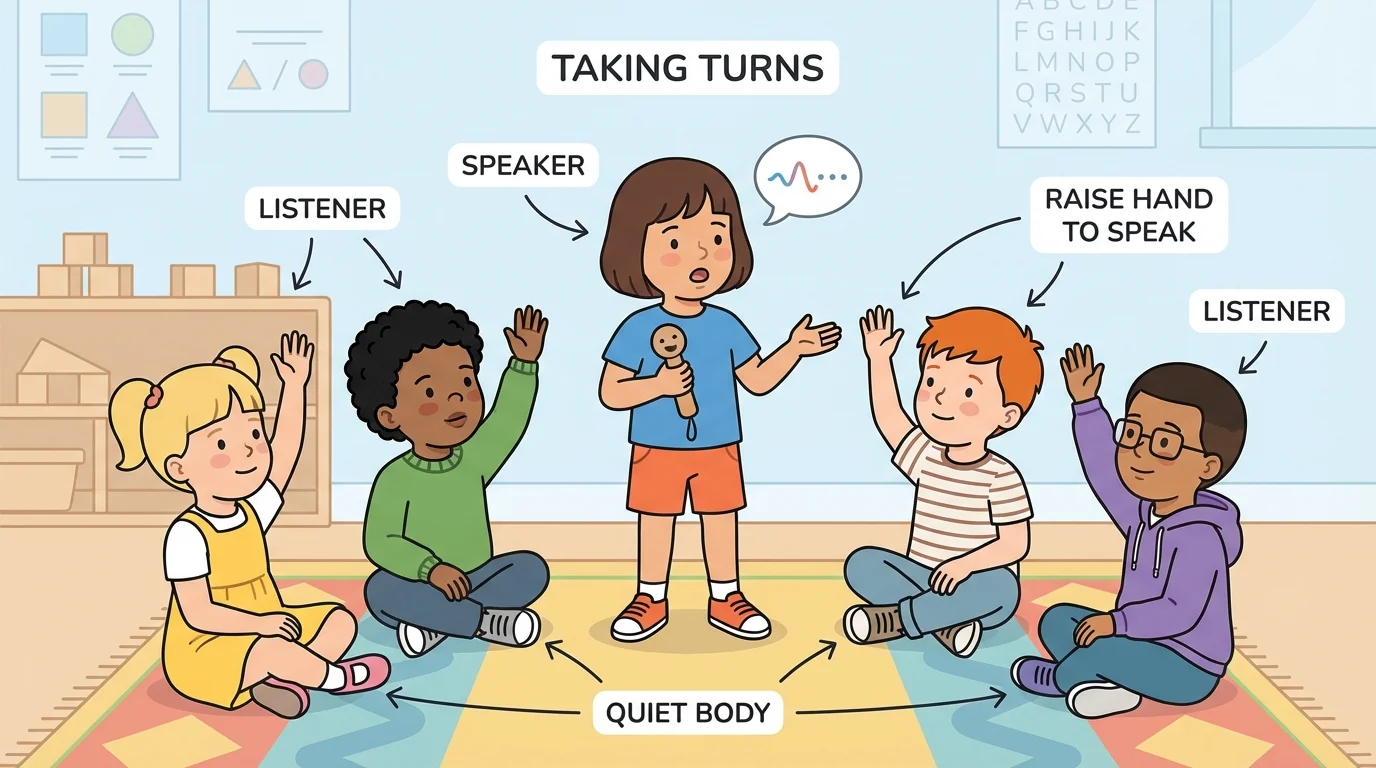 Kindergarten group on rug, one child speaking, others facing speaker with raised hands and quiet bodies