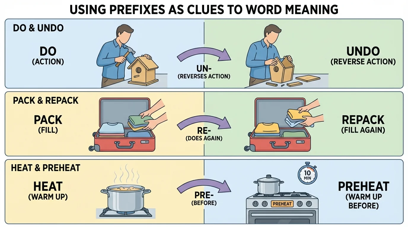 chart showing do and undo, pack and repack, heat and preheat with matching simple action pictures