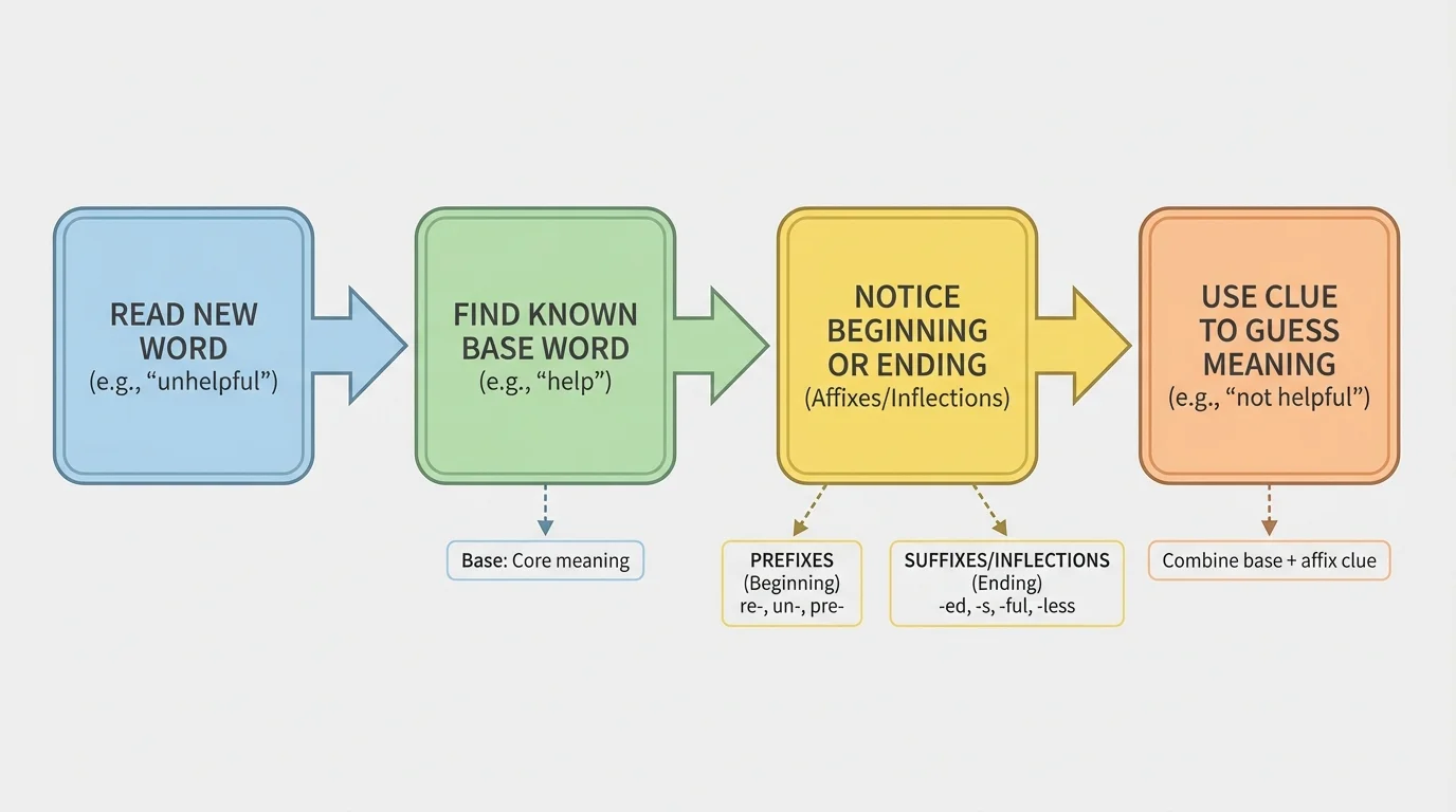 flowchart showing read new word, find known base word, notice beginning or ending, use clue to guess meaning