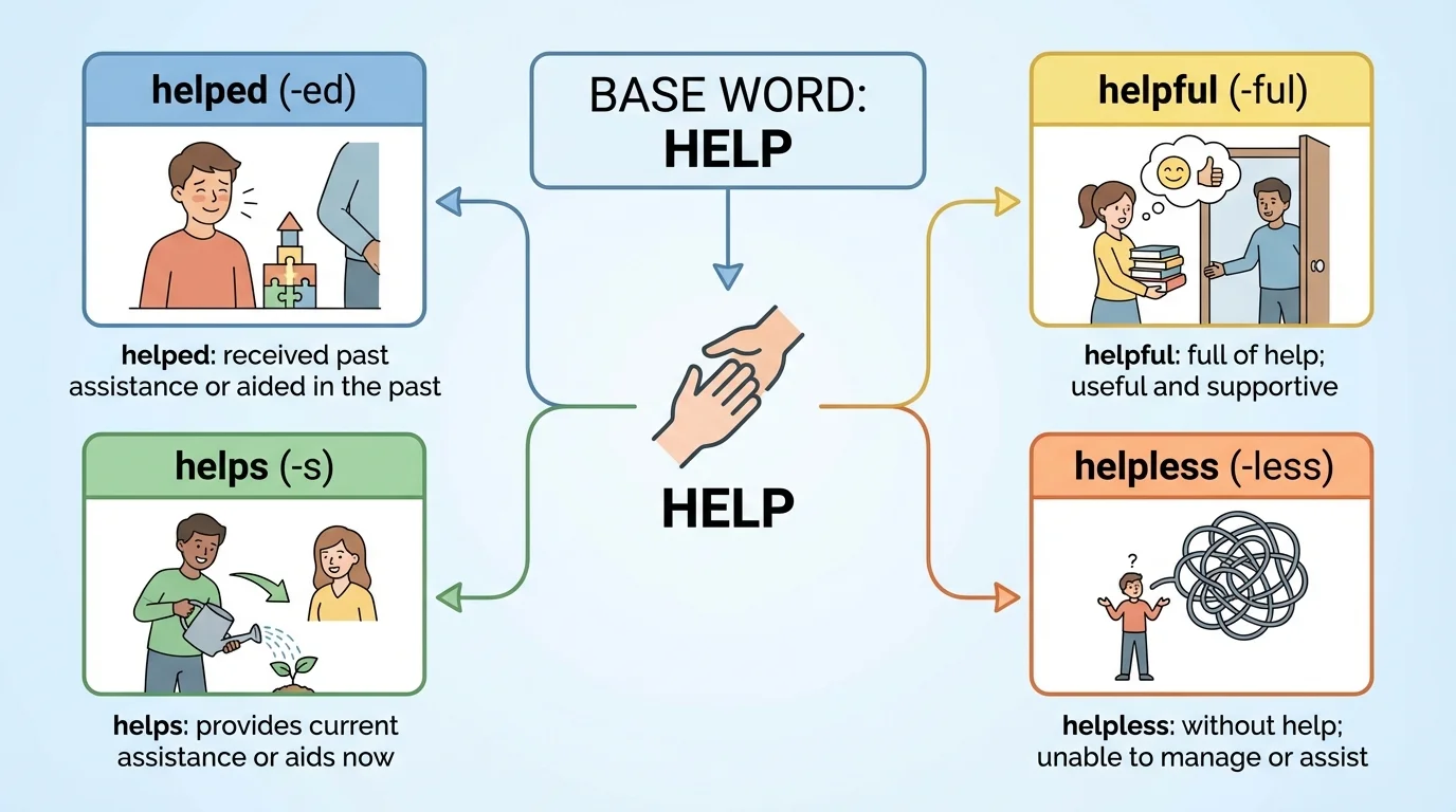 chart showing base word help changing to helped, helps, helpful, helpless with simple picture clues for each meaning