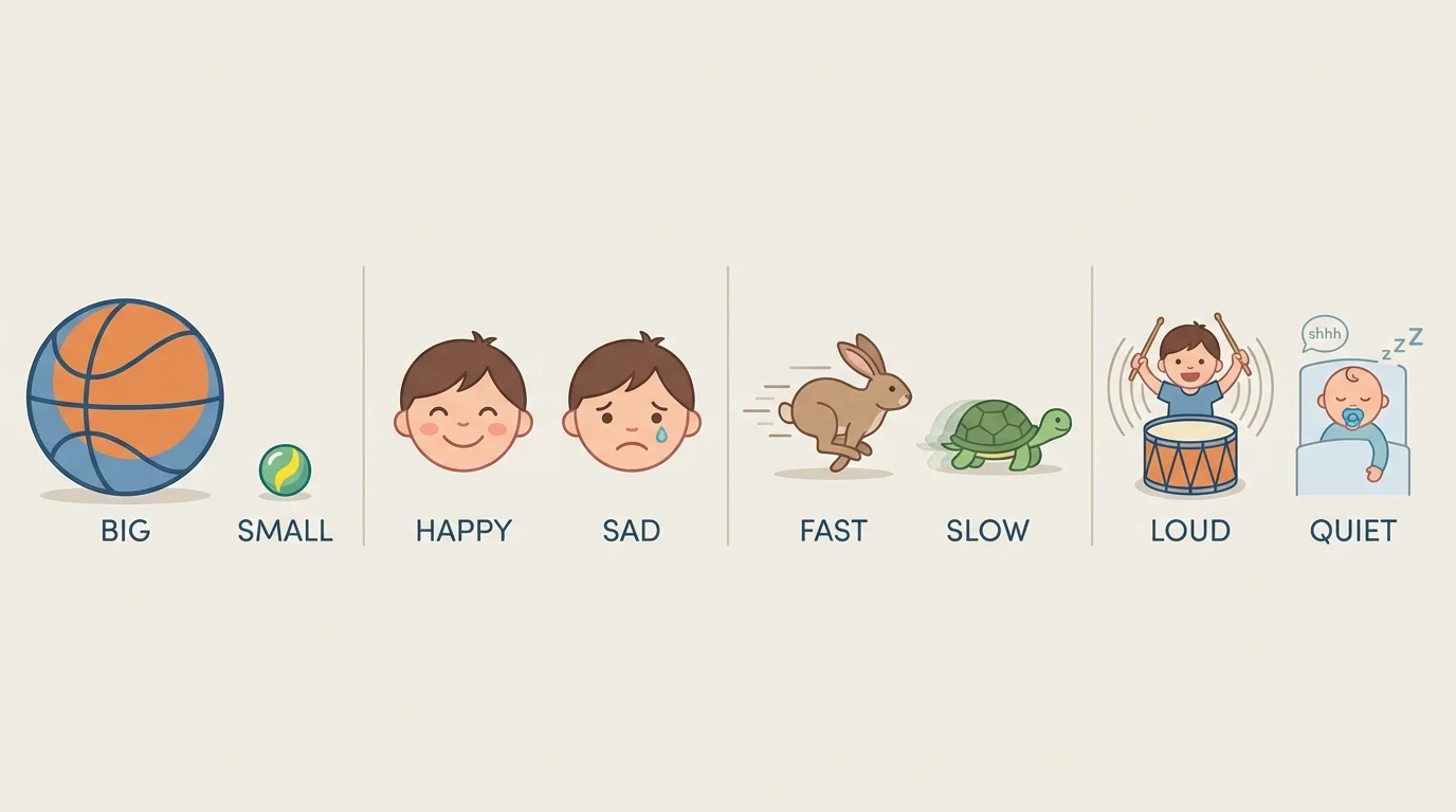 side-by-side objects showing big and small balls, a happy face and a sad face, a fast rabbit and a slow turtle, a child beating a loud drum and a quiet sleeping baby