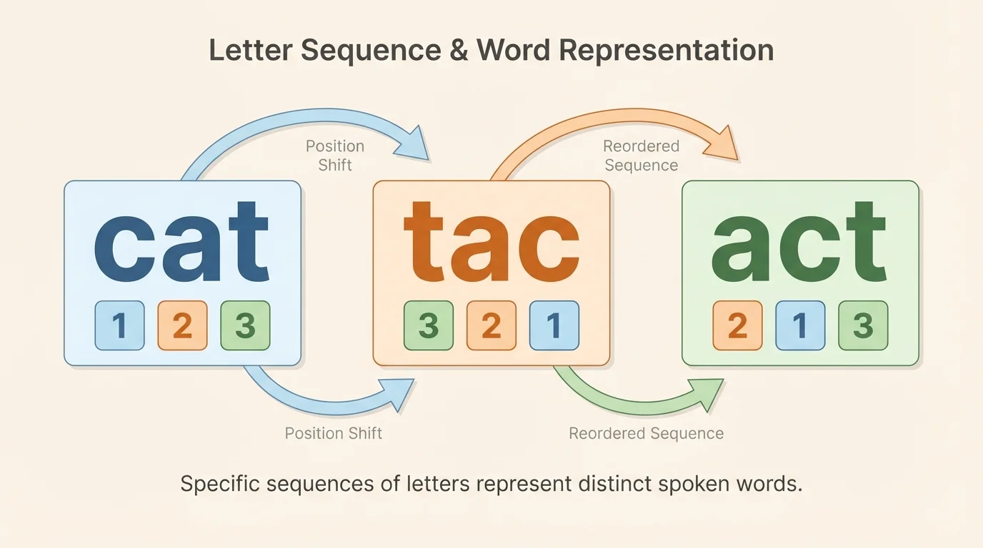 three simple word cards showing cat, tac, and act with arrows highlighting different letter order