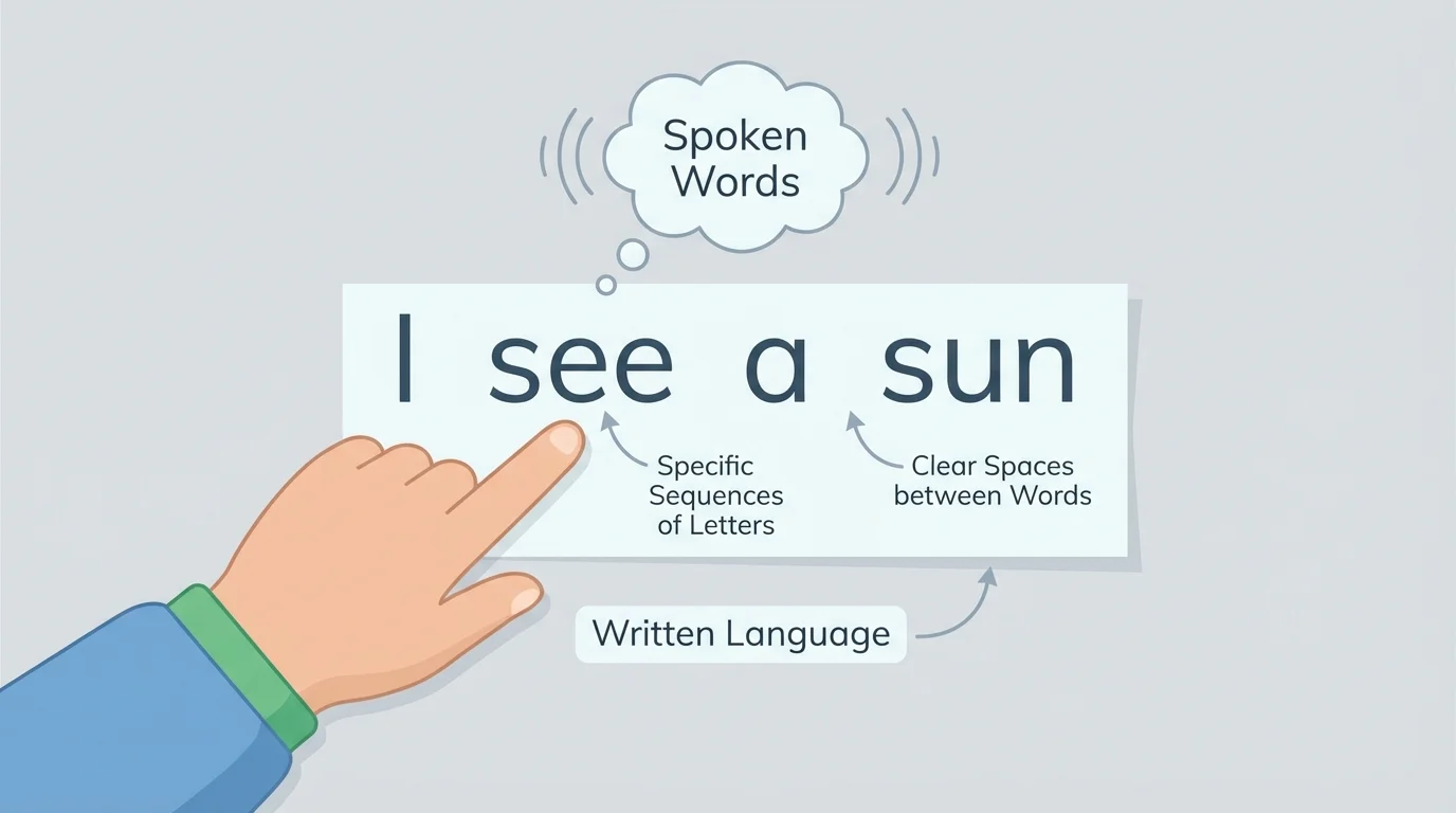 child pointing left to right under the sentence I see a sun with clear spaces between words