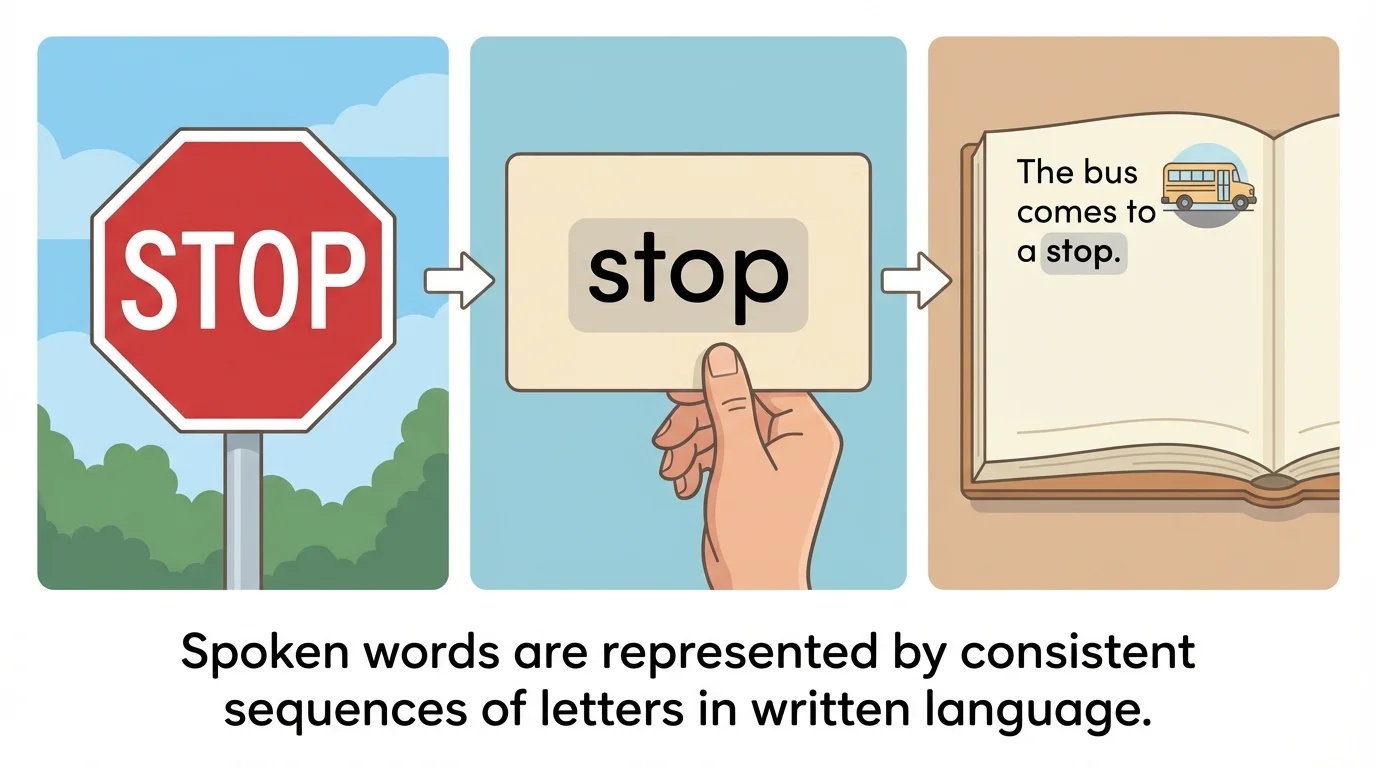 the word stop shown on a stop sign, a classroom card, and a book page to show the same word stays the same