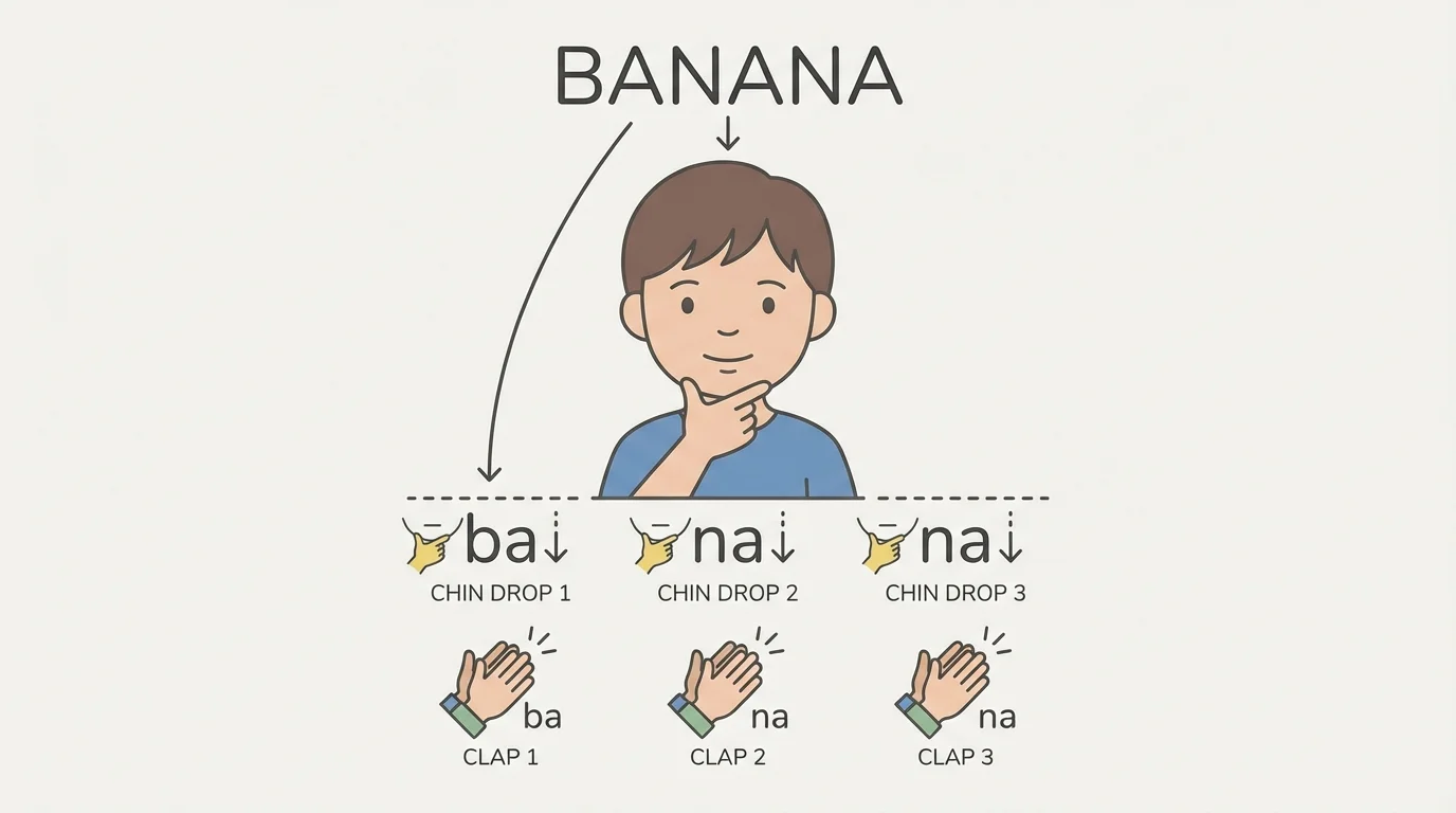 child saying "banana" with hand under chin, showing three chin drops and three clap marks for the syllables ba, na, na