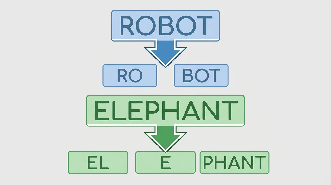 whole words "robot" and "elephant" splitting with arrows into syllables "ro" "bot" and "el" "e" "phant"