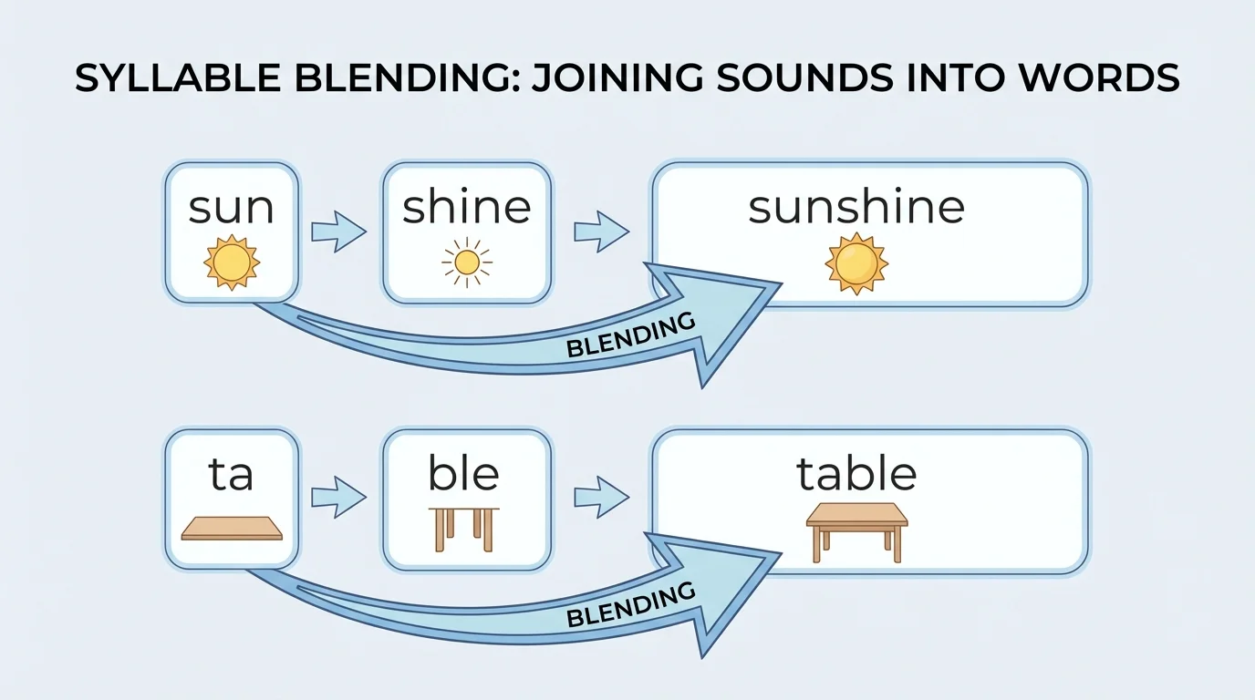 sound boxes with separate syllables "sun" and "shine" joining into "sunshine," and "ta" and "ble" joining into "table" with arrows