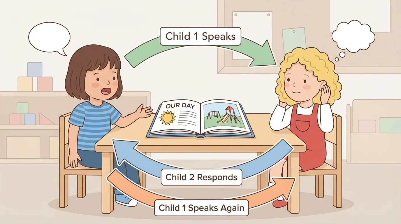 Two kindergarten children talking about a book, one speaking and one listening, with arrows showing turns