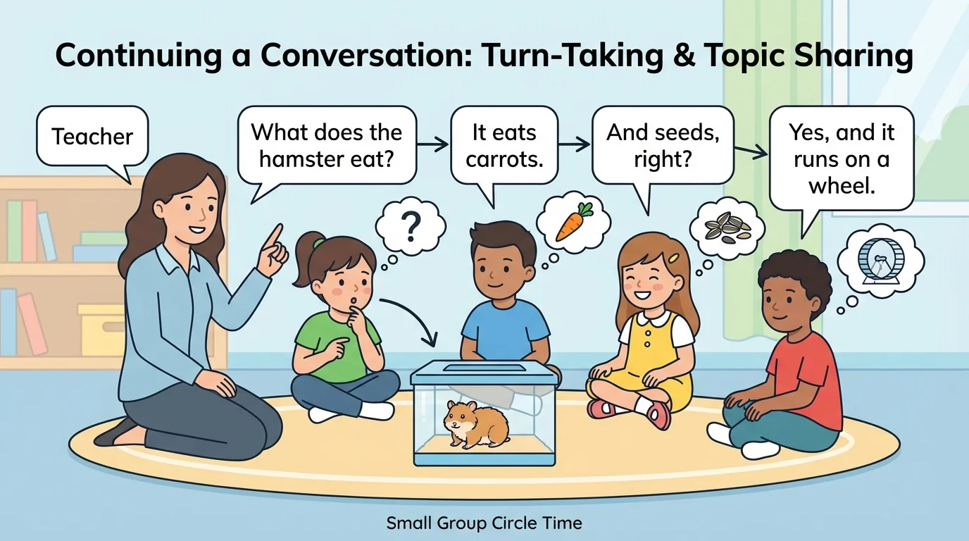 Small group circle time with teacher and children discussing a pet, showing turn-taking and topic sharing