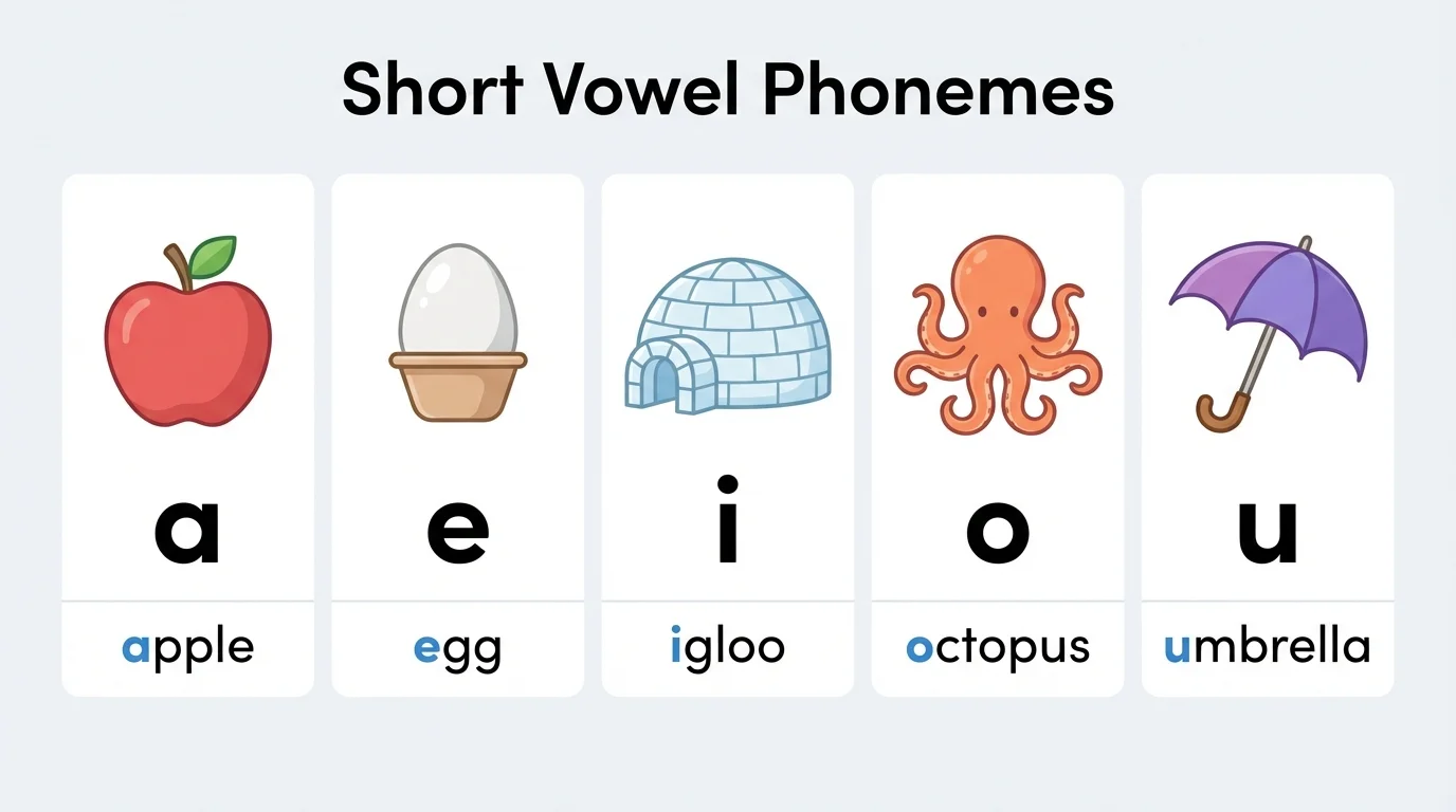 chart with apple, egg, igloo, octopus, umbrella and the short vowels a, e, i, o, u