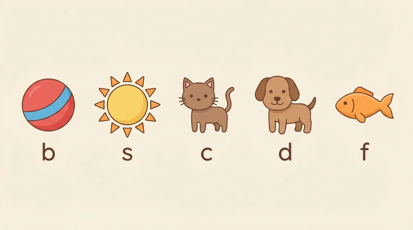 children's picture set with ball, sun, cat, dog, fish labeled by first letter b, s, c, d, f