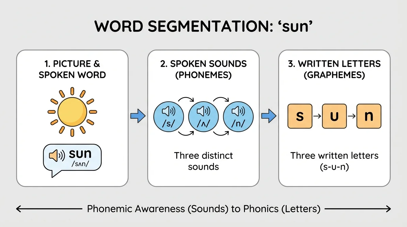step-by-step boxes for the word sun showing s-u-n from picture to spoken sounds to written letters