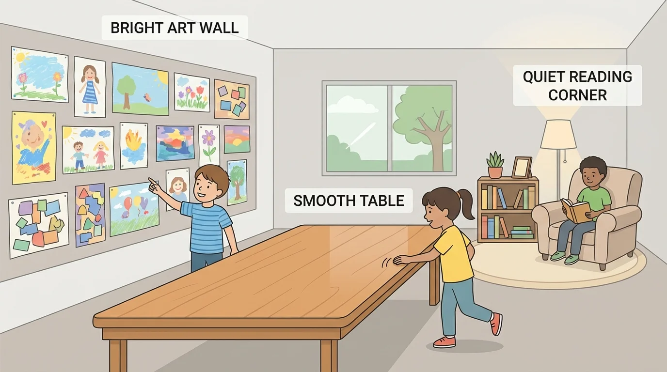children in a classroom noticing a bright art wall, a quiet reading corner, and a smooth table with simple labels