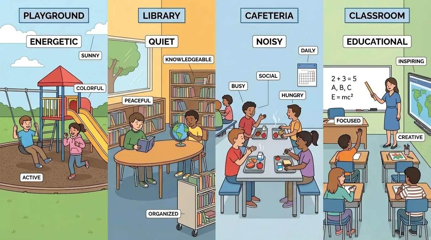 school scene divided into playground, library, cafeteria, and classroom with children noticing different describing words