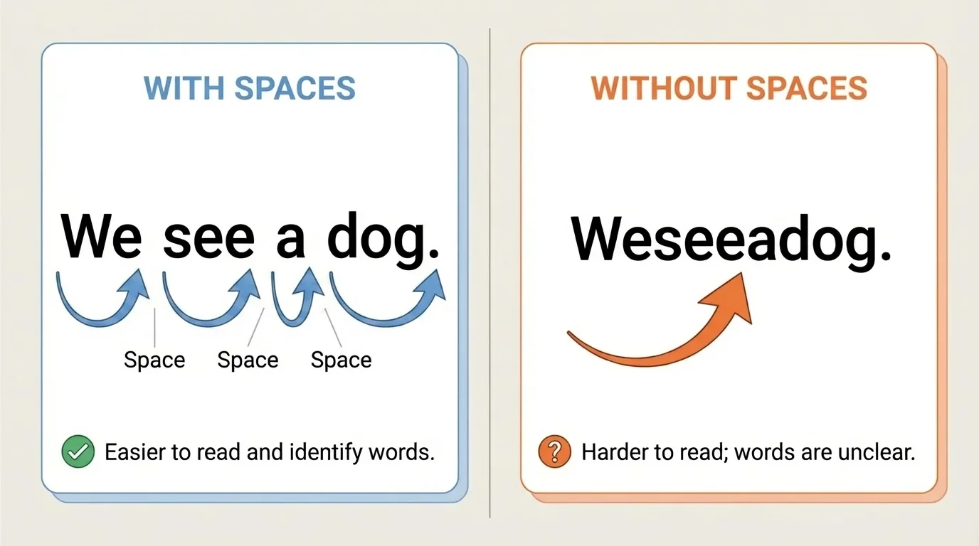 Side-by-side comparison of 'We see a dog.' and 'Weseeadog.' with arrows showing easier word spotting in the spaced sentence