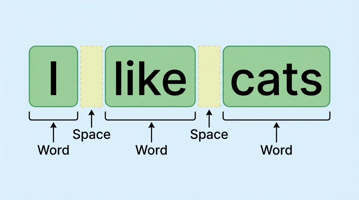 Large-print sentence 'I like cats' with each word in its own box and blank spaces highlighted between boxes
