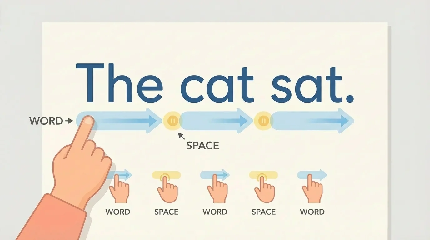 Child pointing under each word in a short sentence from left to right, pausing at each space before the next word