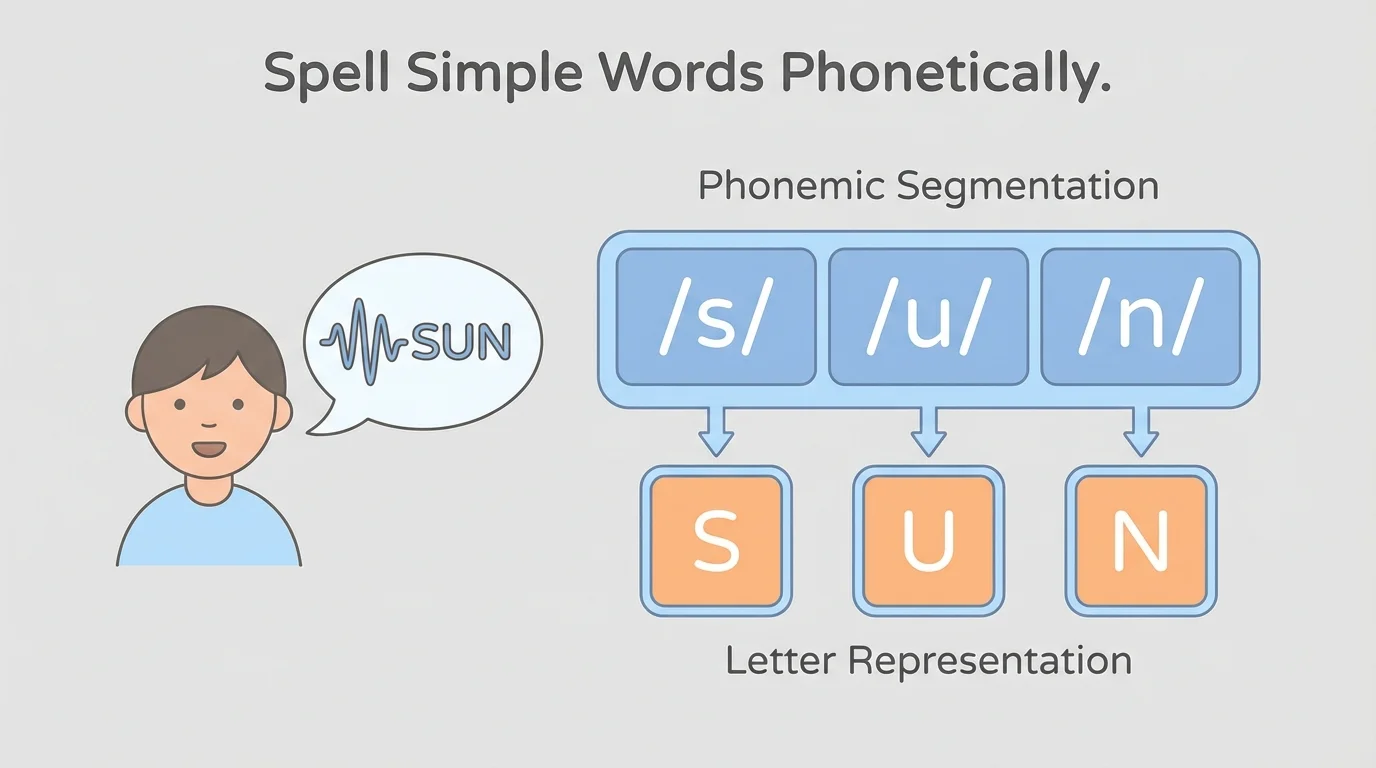 child saying the word sun with three sound boxes labeled /s/ /u/ /n/ and matching letters s u n