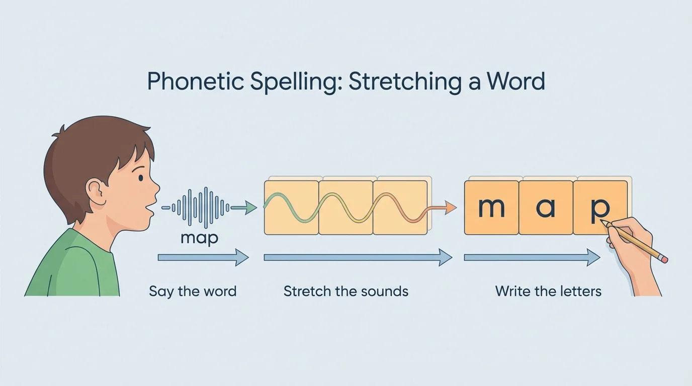 step-by-step illustration of a child stretching the word map from mouth to three boxes, then writing m a p
