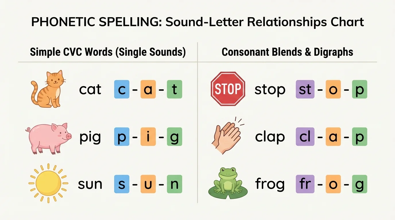 chart with pictures and words cat, pig, sun in one column and stop, clap, frog in another, highlighting sound parts