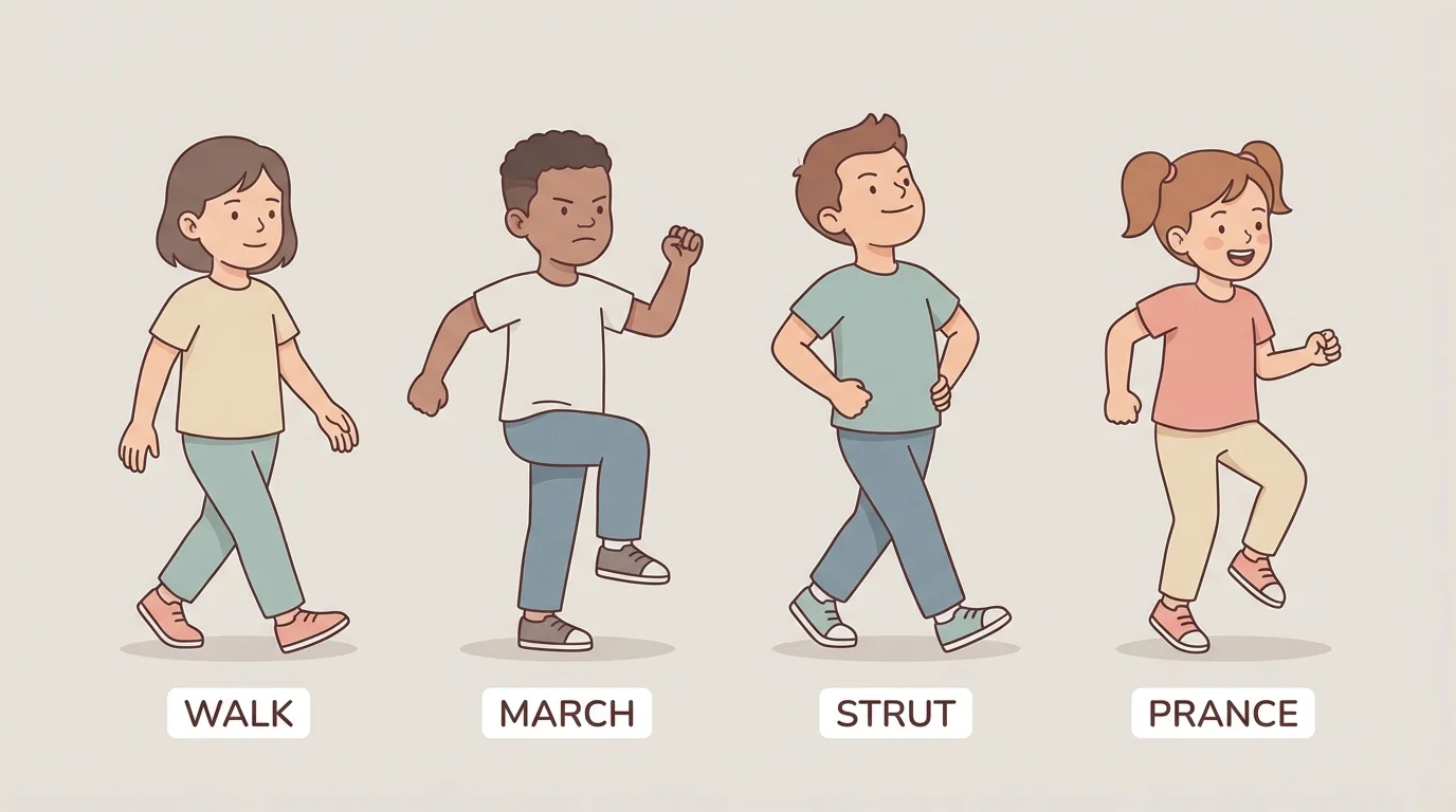 Four children side by side showing walk, march, strut, and prance with different body positions and facial expressions: calm walk, strong march, proud strut, bouncy prance