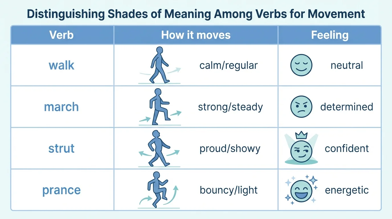 Simple comparison chart with columns Verb, How it moves, Feeling; rows for walk-calm/regular, march-strong/steady, strut-proud/showy, prance-bouncy/light