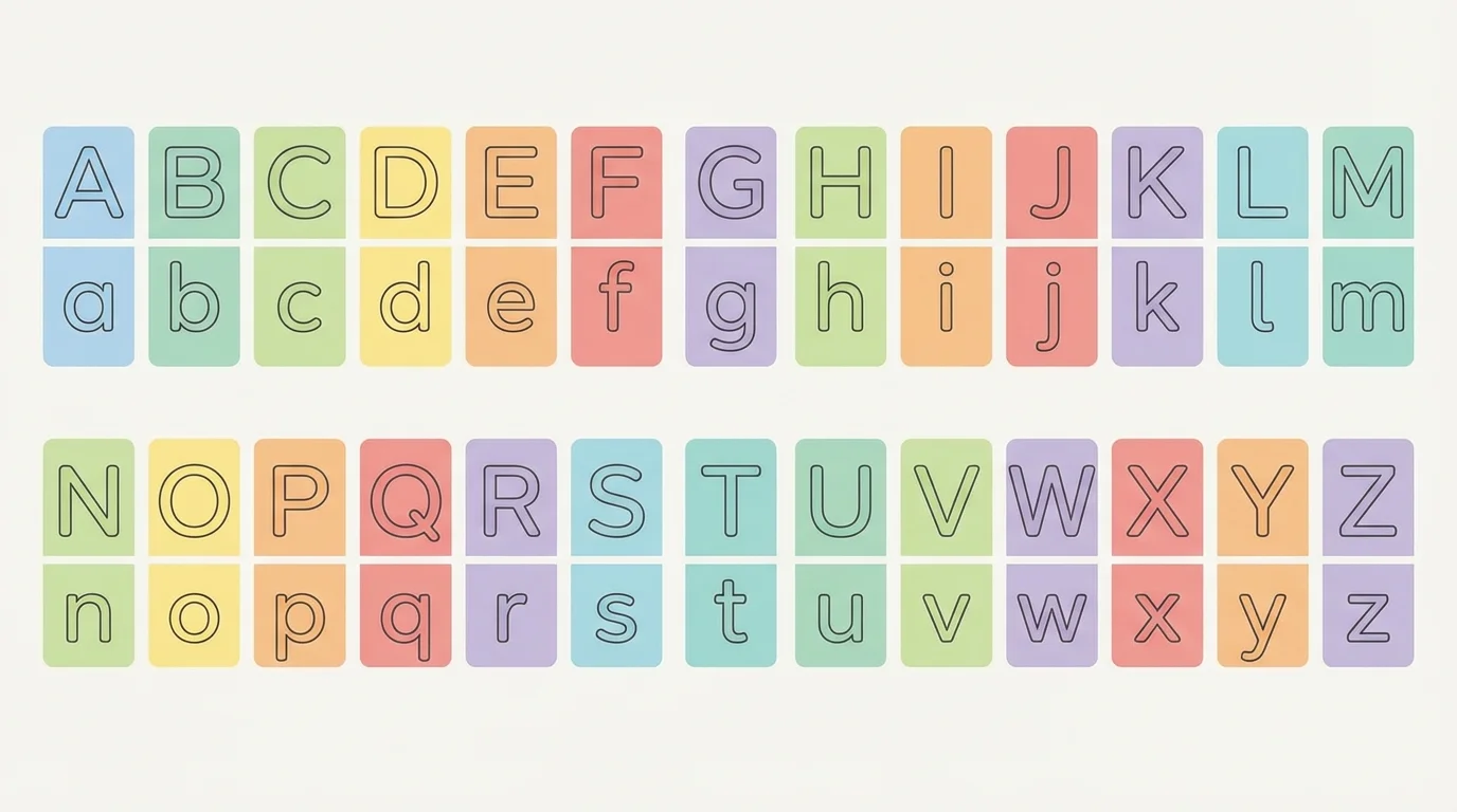 Full alphabet chart with uppercase row and lowercase row aligned in pairs from A/a to Z/z