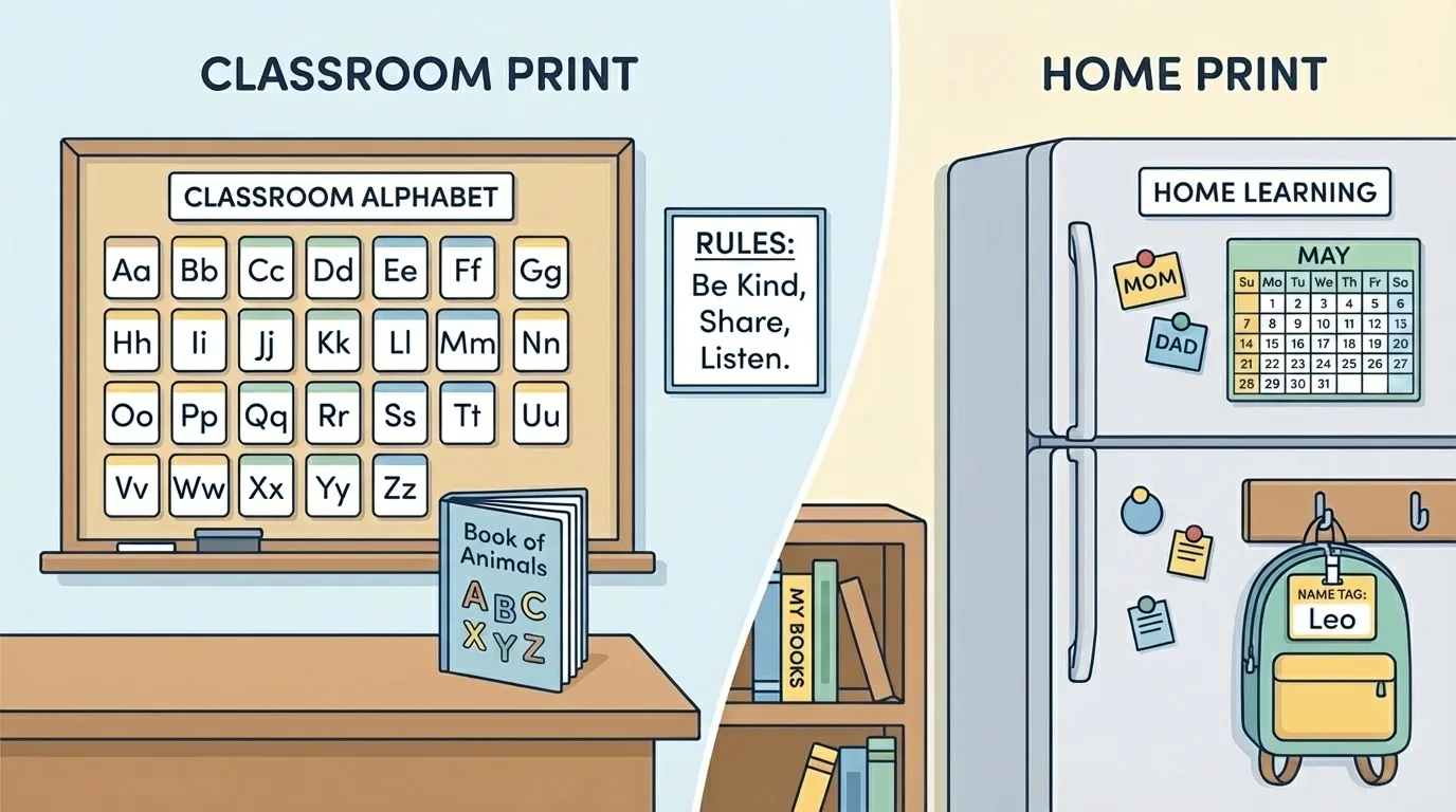 Classroom and home print scene with labels, book title, sign, and name tag using visible letters