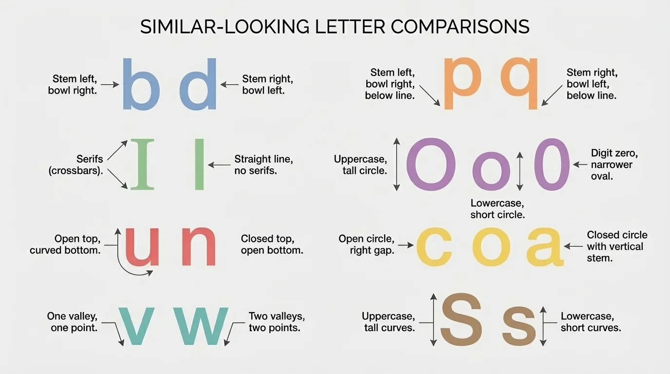 Comparison chart of similar-looking letters with arrows pointing to shape differences