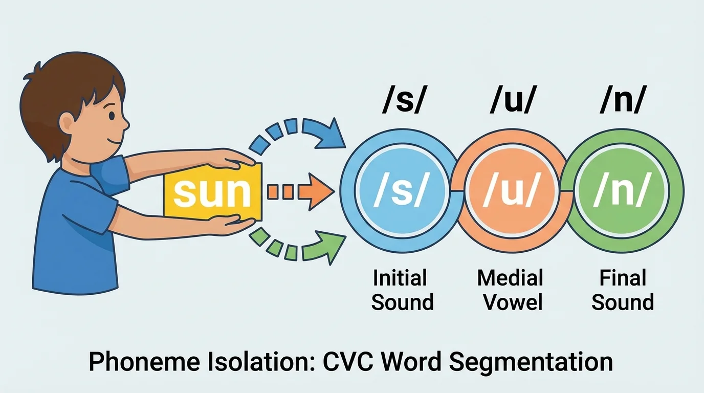 Child stretching the word sun into three separate sounds /s/ /u/ /n/ with arrows pointing to three sound circles