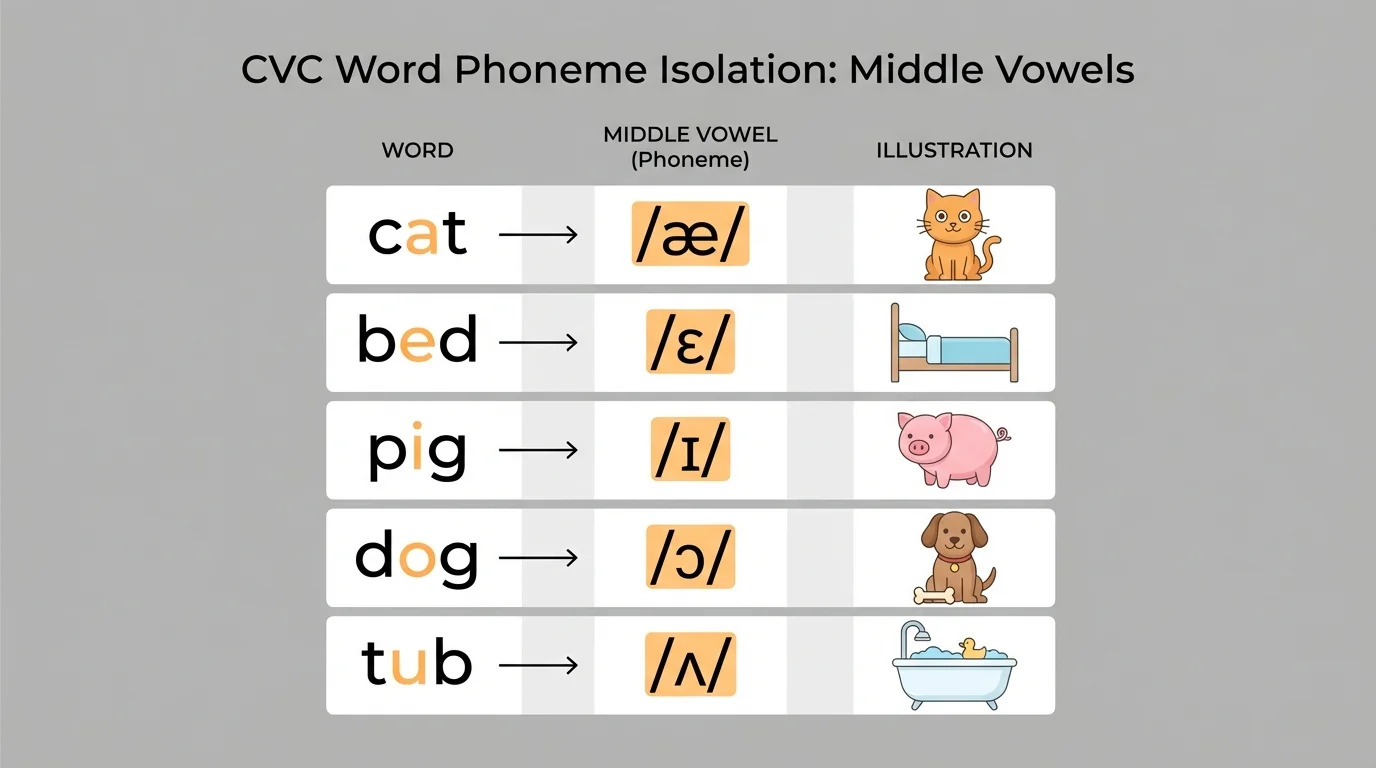 Simple comparison chart with the words cat, bed, pig, dog, tub and the middle vowel highlighted in each word