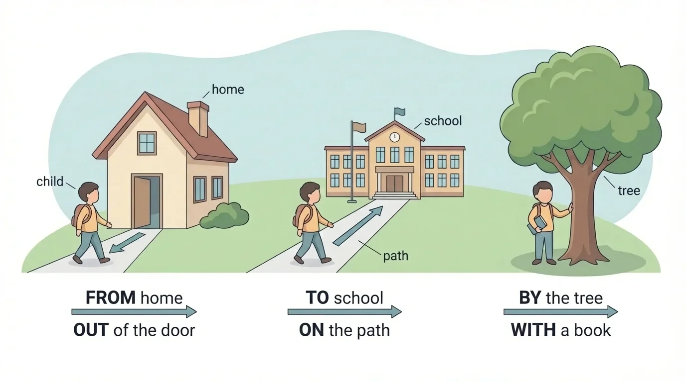 child walking to school, coming from home, and standing by a tree