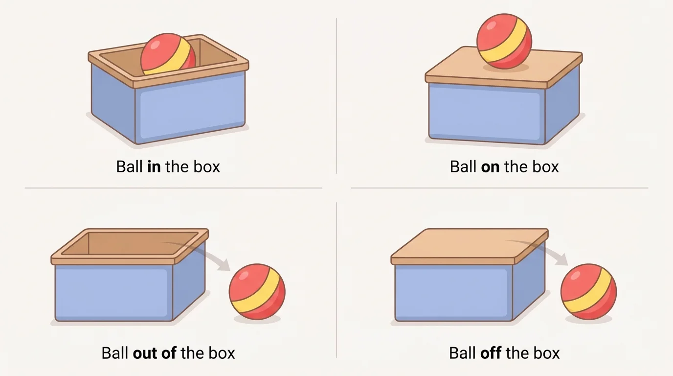 toy box and ball shown in the box, on the box, out of the box, and off the box