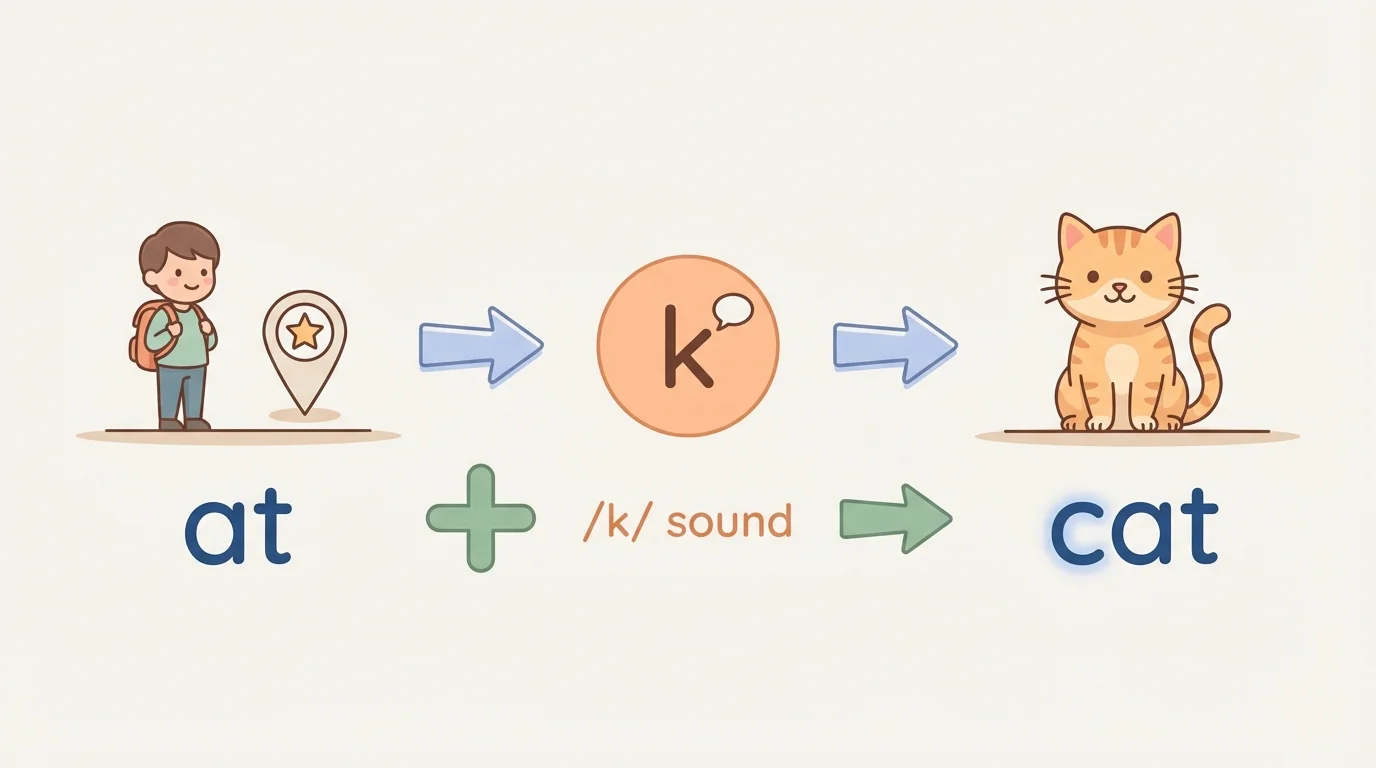 Simple picture sequence of the spoken word at changing to cat by adding the /k/ sound at the beginning, with child-friendly labels at and cat