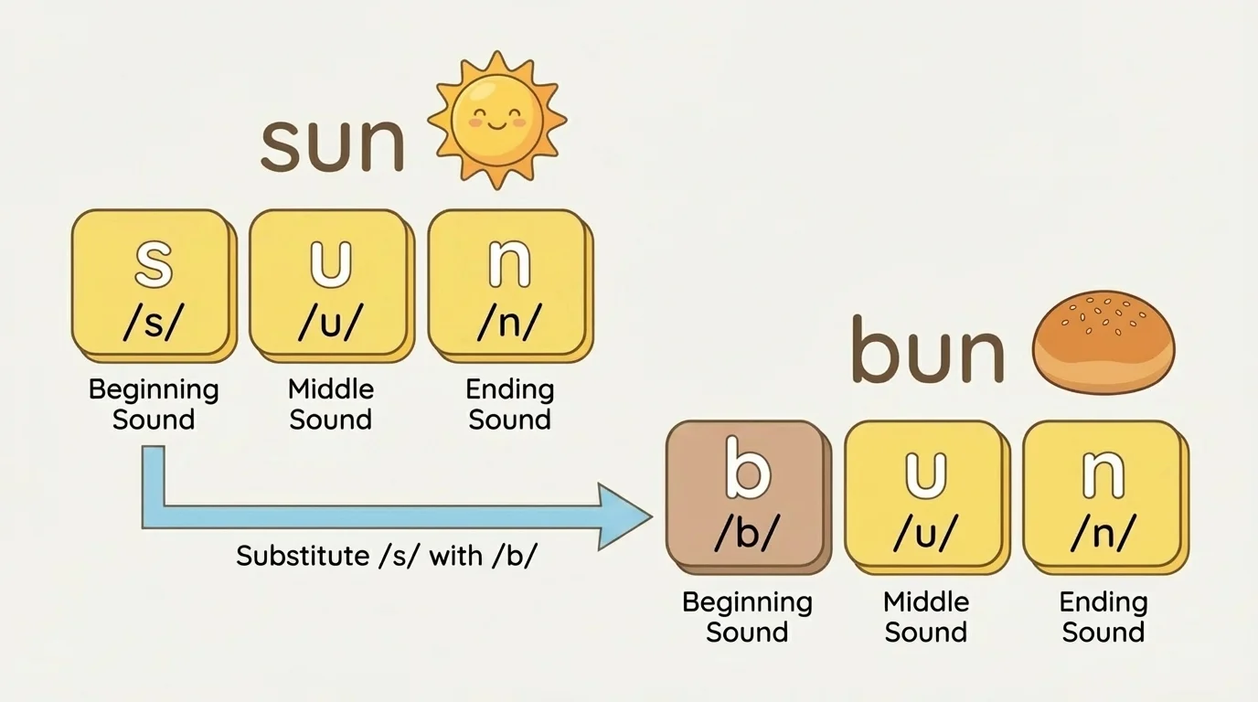 Sound boxes for the one-syllable word sun, showing three boxes labeled with the sounds /s/, /u/, and /n/ for beginning, middle, and ending sounds
