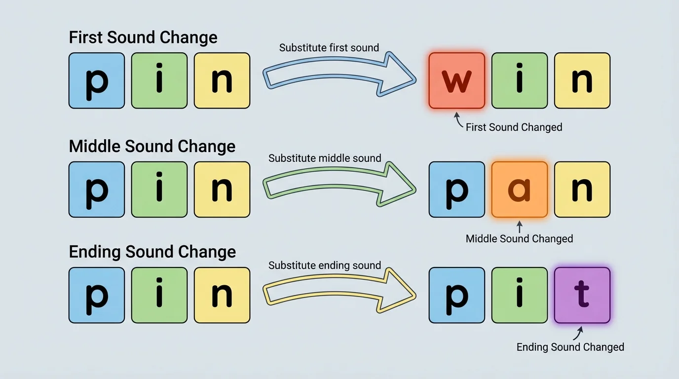 Three-row comparison of pin changing to win by first sound, pan by middle sound, and pit by ending sound, with changed position highlighted