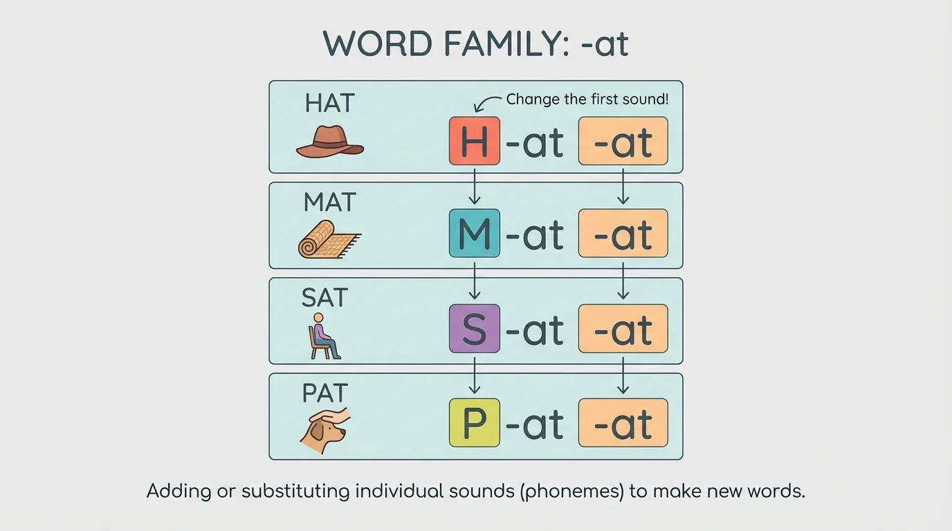 Word family chart with hat, mat, sat, and pat in separate boxes, highlighting that only the first sound changes