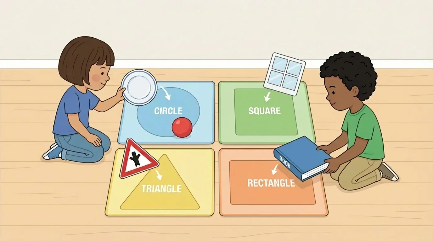 Children sorting a plate, ball, window card, book, and triangle sign into groups labeled circle, square, triangle, and rectangle