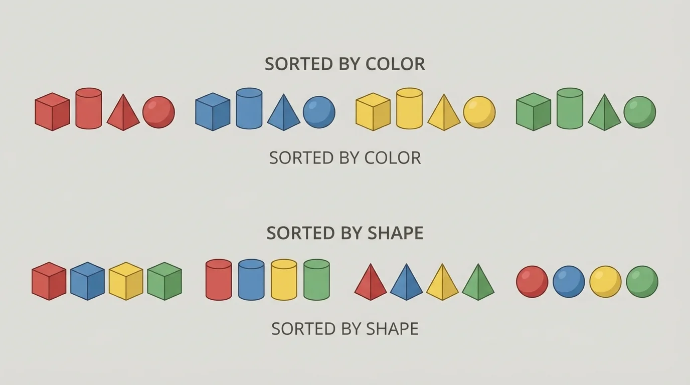Same set of blocks shown in one row sorted by color and in another row sorted by shape