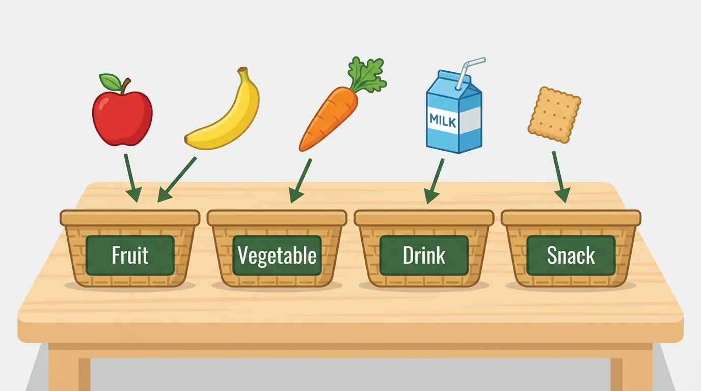 Table with an apple, banana, carrot, milk carton, and cracker being sorted into baskets labeled fruit, vegetable, drink, and snack