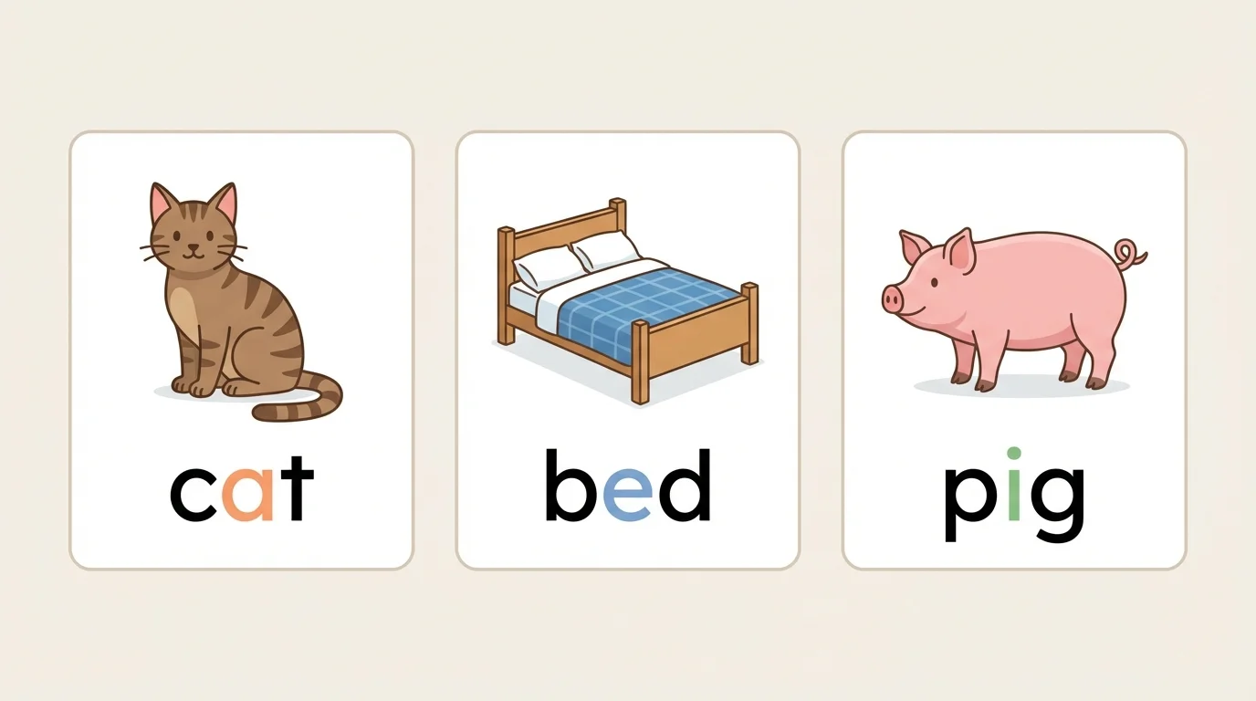 three picture cards for cat, bed, pig with the middle sound highlighted in each word